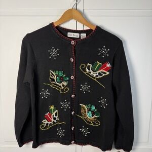 B. P. Design Vtg. Women's Embellished Cardigan Sweater Christmas Black Small